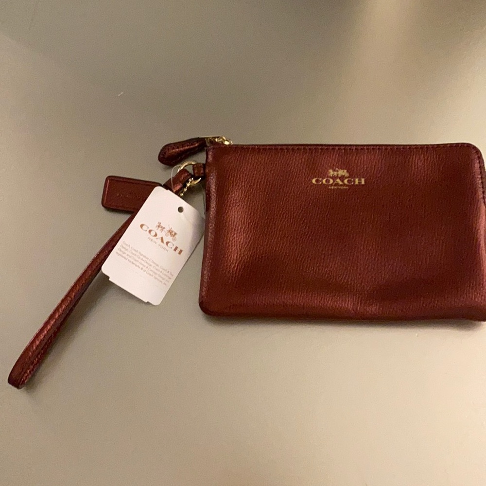 NWT Metallic Cherry Coach Leather Wristlet